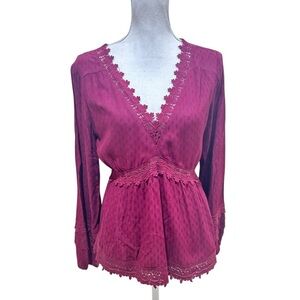Takara v neck burgundy red blouse crochet trim balloon sleeve lightweight large